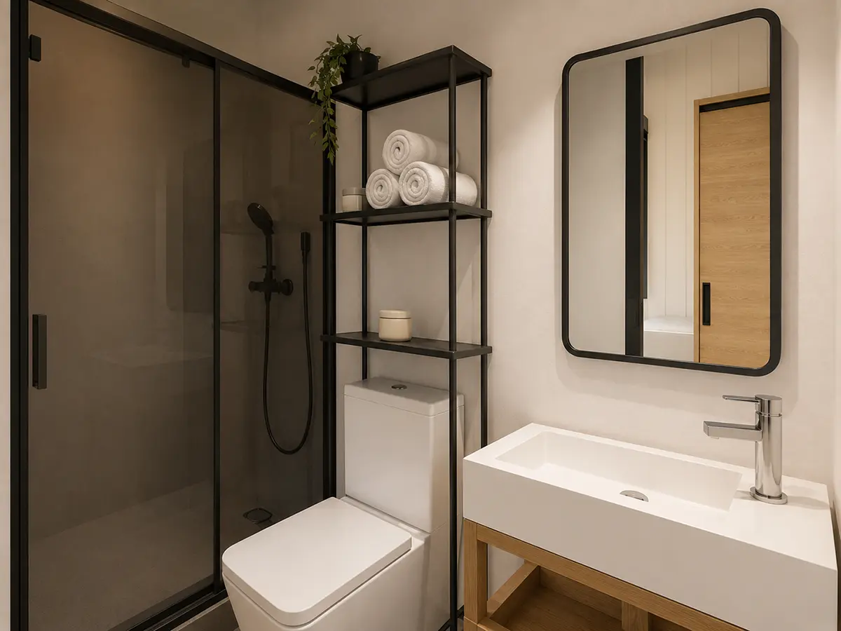 Badezimmer im Mobilen Tiny House 11 mit Dusche und Waschplatz