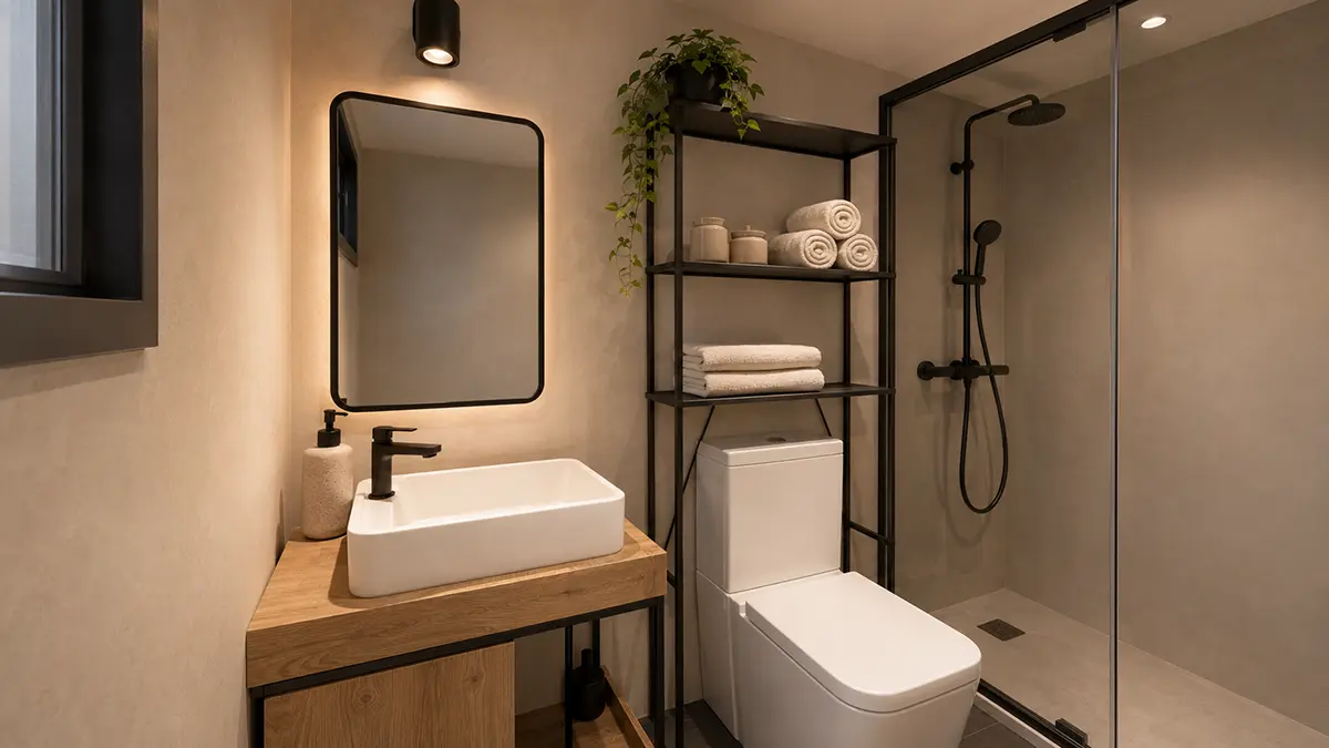 Badezimmer im Mobilen Tiny House 30 mit Waschplatz und Spiegel