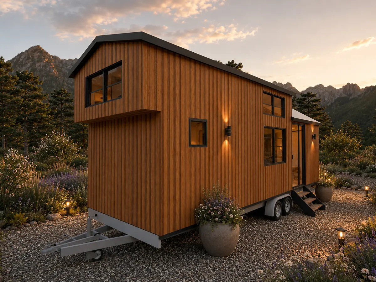 Seitenansicht des Mobilen Tiny House 30 auf Fahrgestell