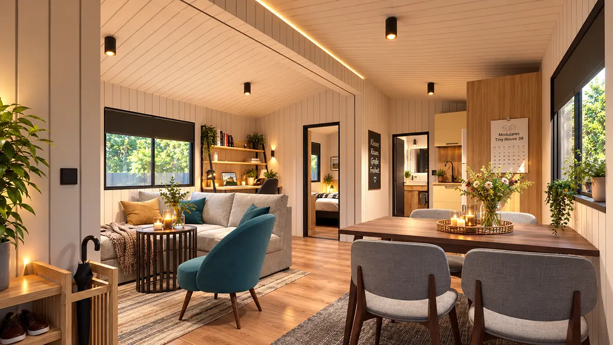 Blick in Wohnzimmer und Esszimmer im Modularen Tiny House 39