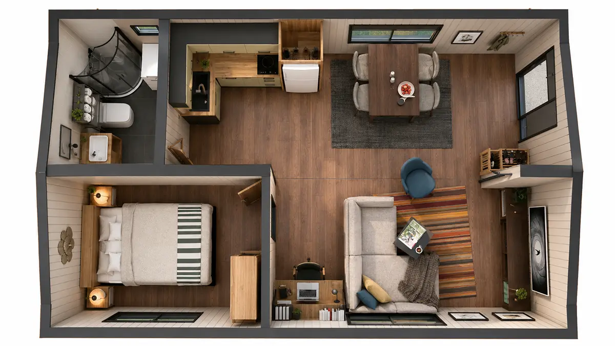 Draufsicht des Modularen Tiny House 39 mit funktionaler Raumaufteilung