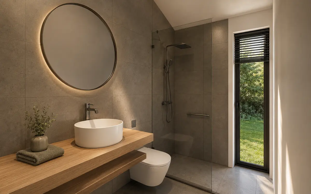 Badezimmer im Modularen Tiny House 45 mit Dusche und Waschplatz