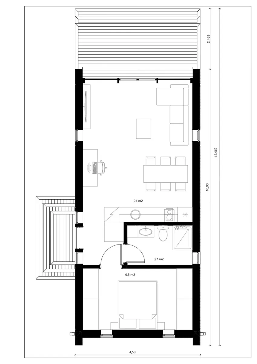 Grundriss des Modularen Tiny House 45 mit 1+1-Raumkonzept