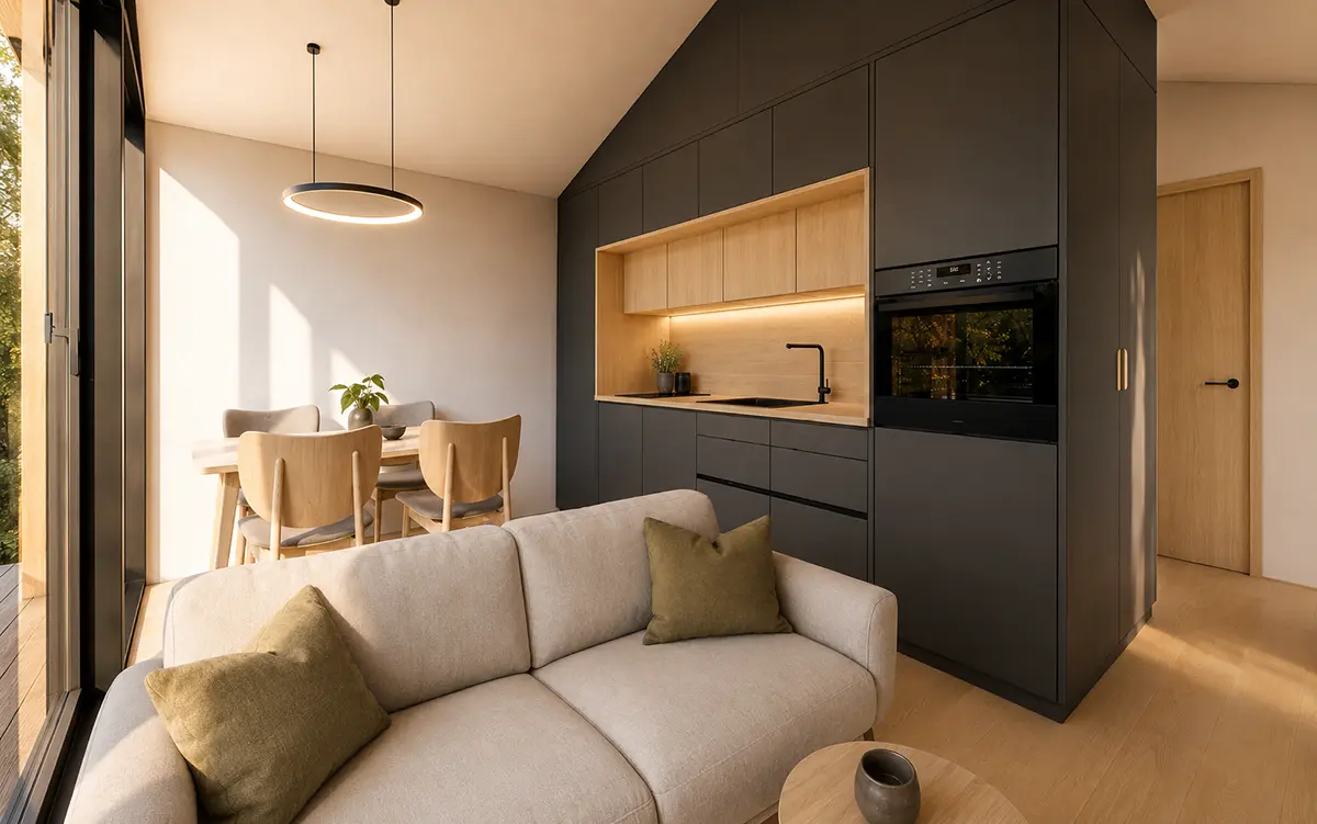 Offener Wohn-, Ess- und Küchenbereich im Modularen Tiny House 45