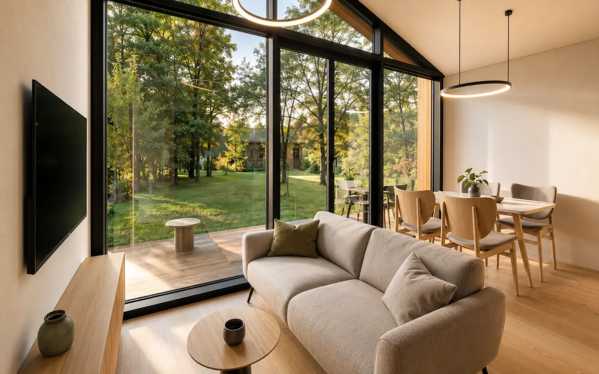Wohn- und Esszimmer im Modularen Tiny House 45 mit hellem Innenraum