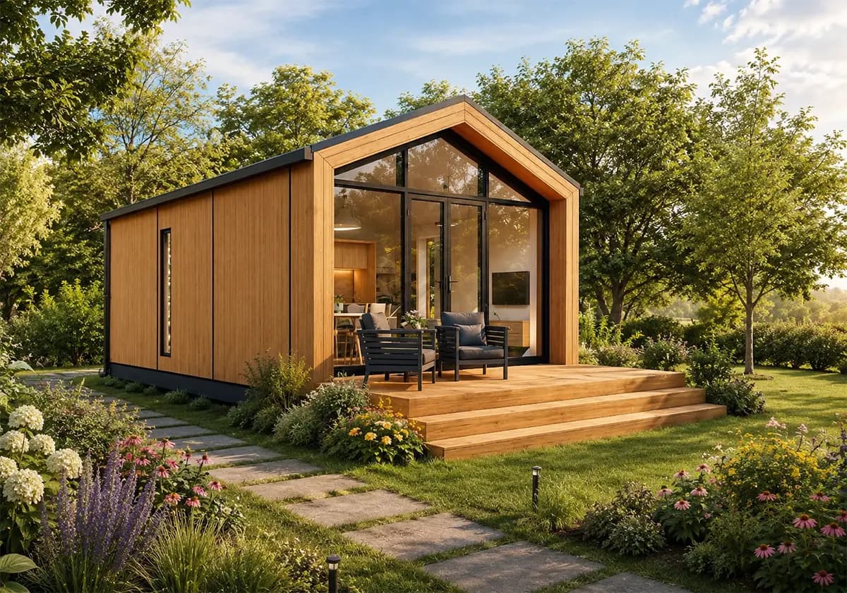 Modulares Tiny House 45 mit moderner Holzfassade und verglaster Giebelfront