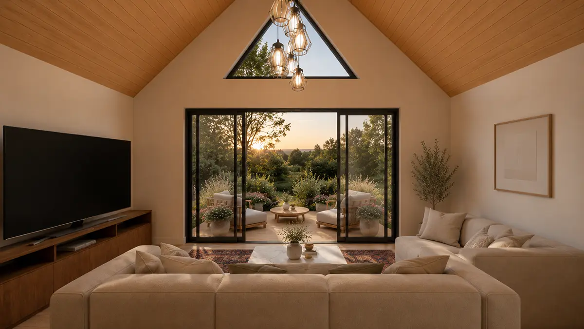 Wohnbereich im Modularen Tiny House 50 mit Blick zur Terrasse