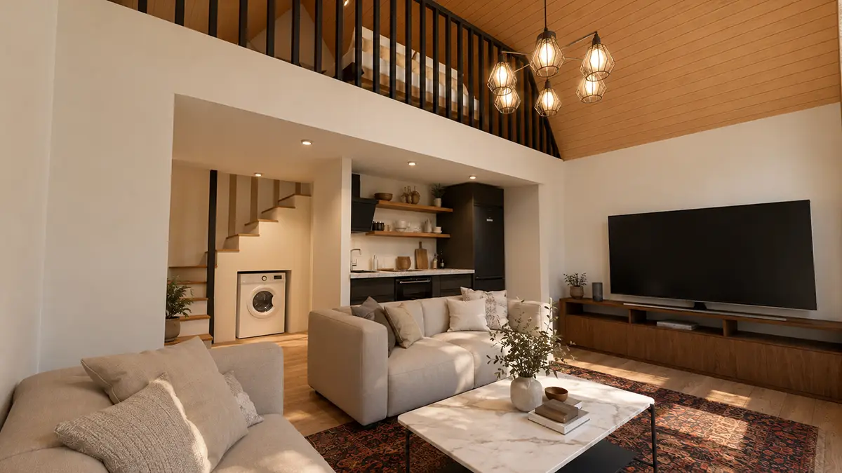 Offener Wohn- und Küchenbereich im Modularen Tiny House 50 mit Sicht zum Schlafzimmer