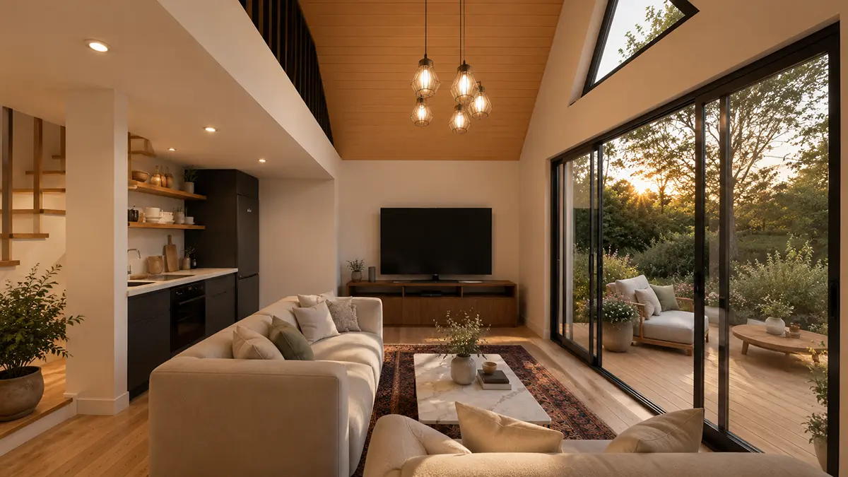 Wohnzimmer und Küche im Modularen Tiny House 50 mit offenem Raumkonzept