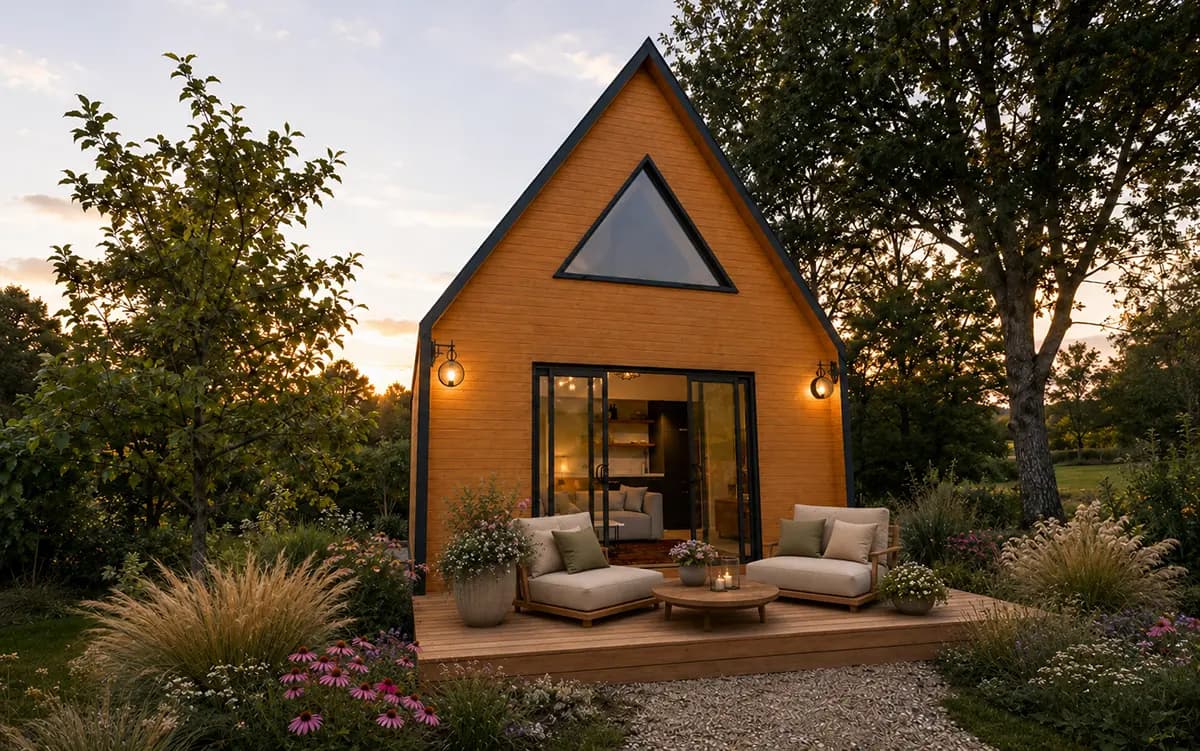 Modulares Tiny House 50 als modernes A-Frame-Haus mit großer Fensterfront