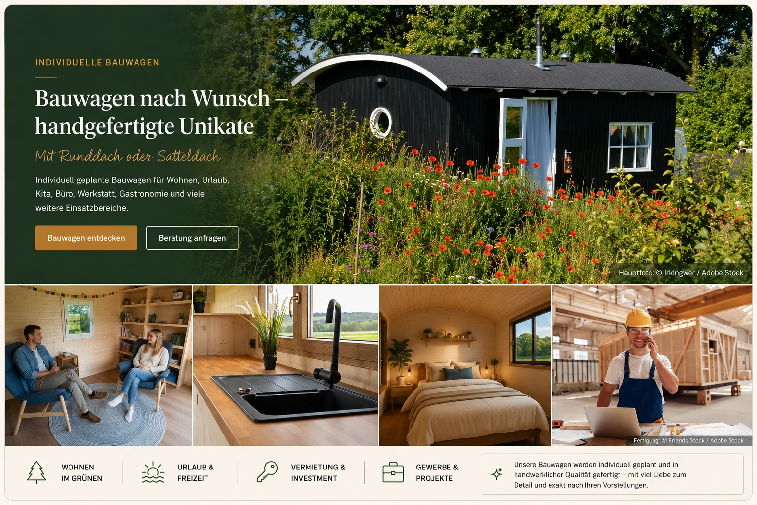 Individuell gefertigter schwarzer Bauwagen in einem naturnahen Garten